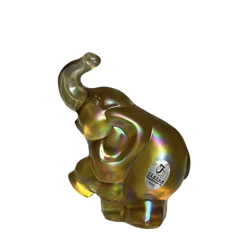 Fenton Glass Elephant Figurine Foot Up - Autumn Gold Iridescent With Sticker